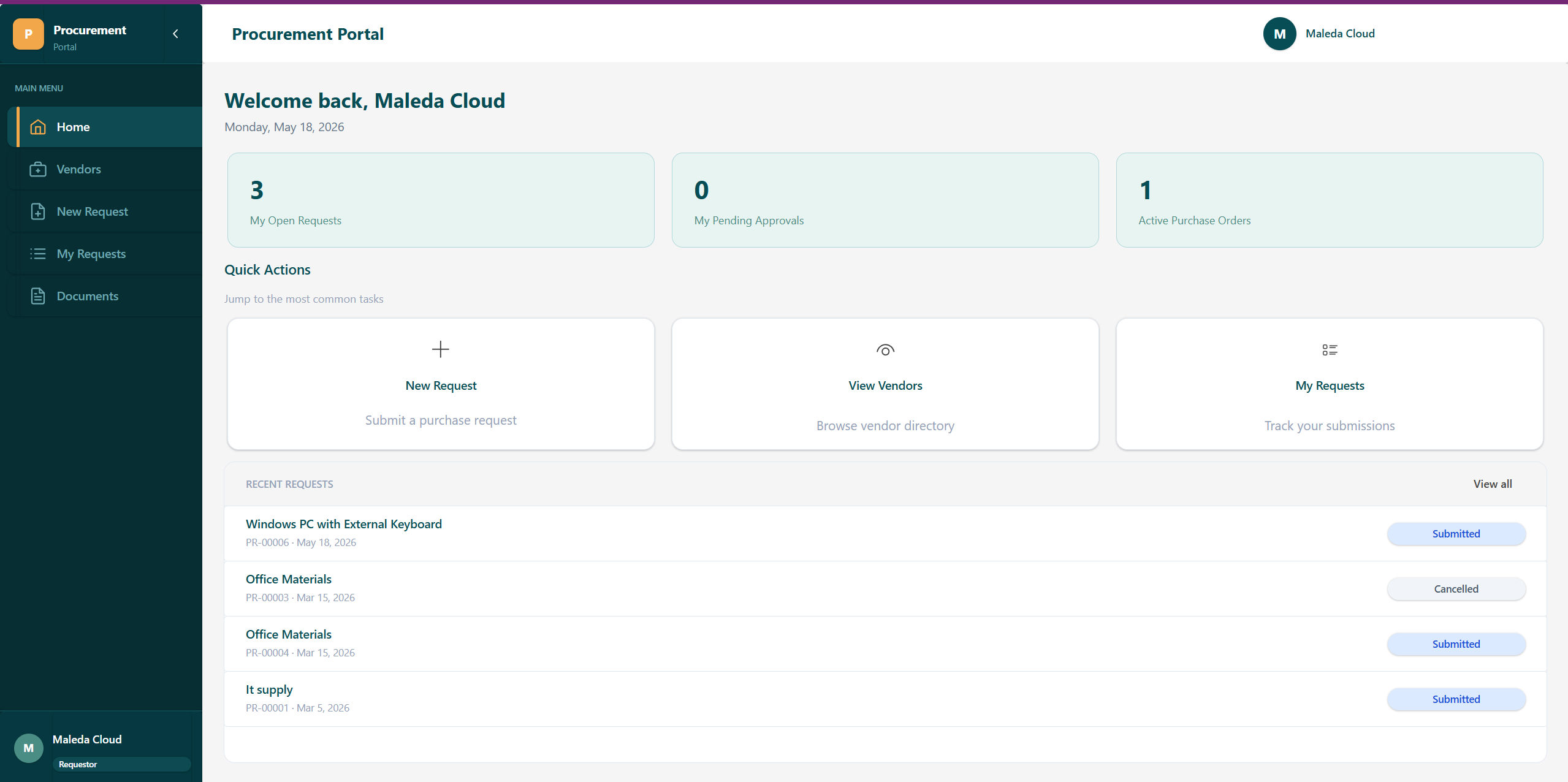 Procurement portal home dashboard with KPI tiles, quick actions, and recent requests