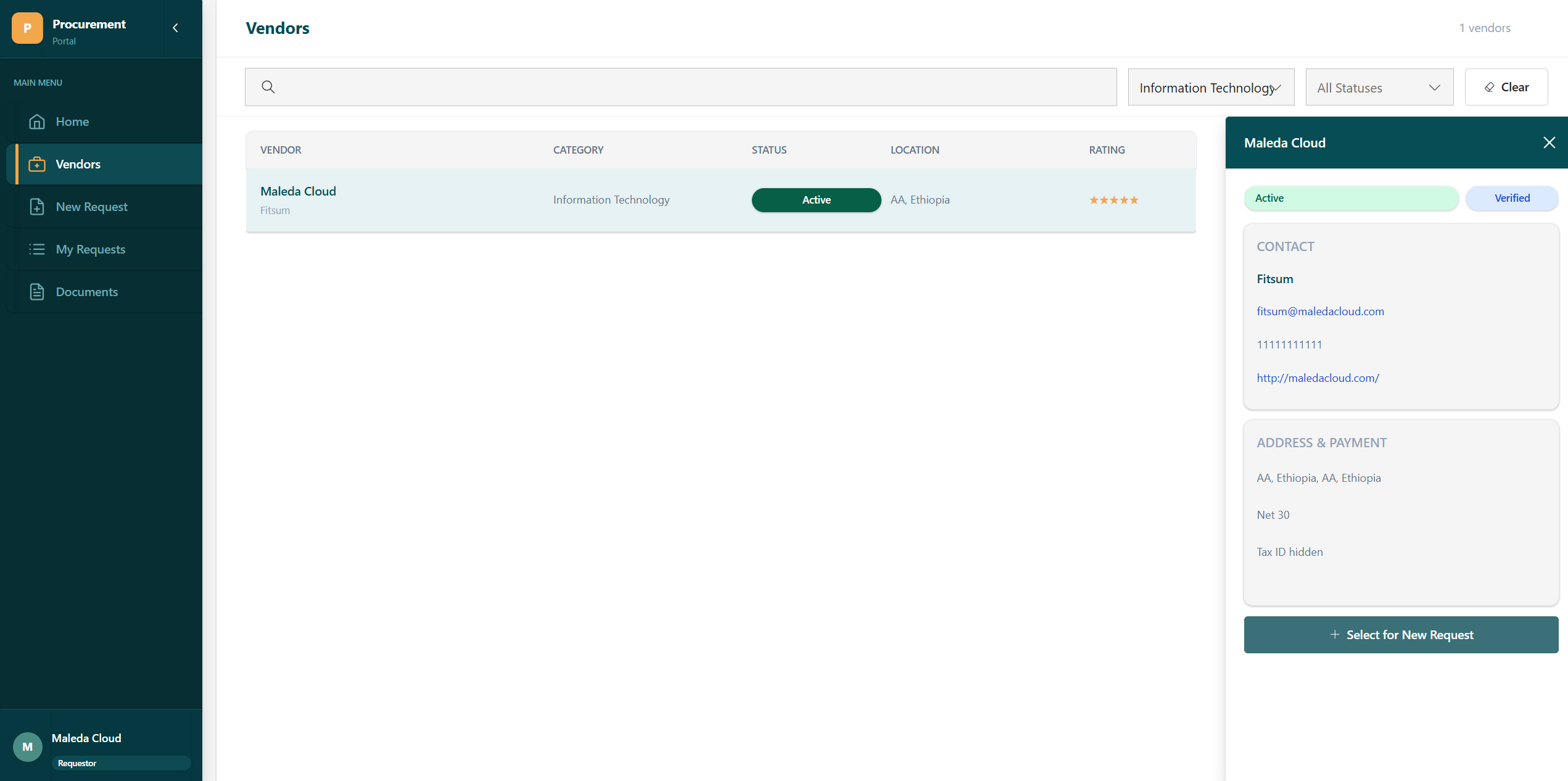 Vendor directory with search, status, ratings, and a vendor detail panel
