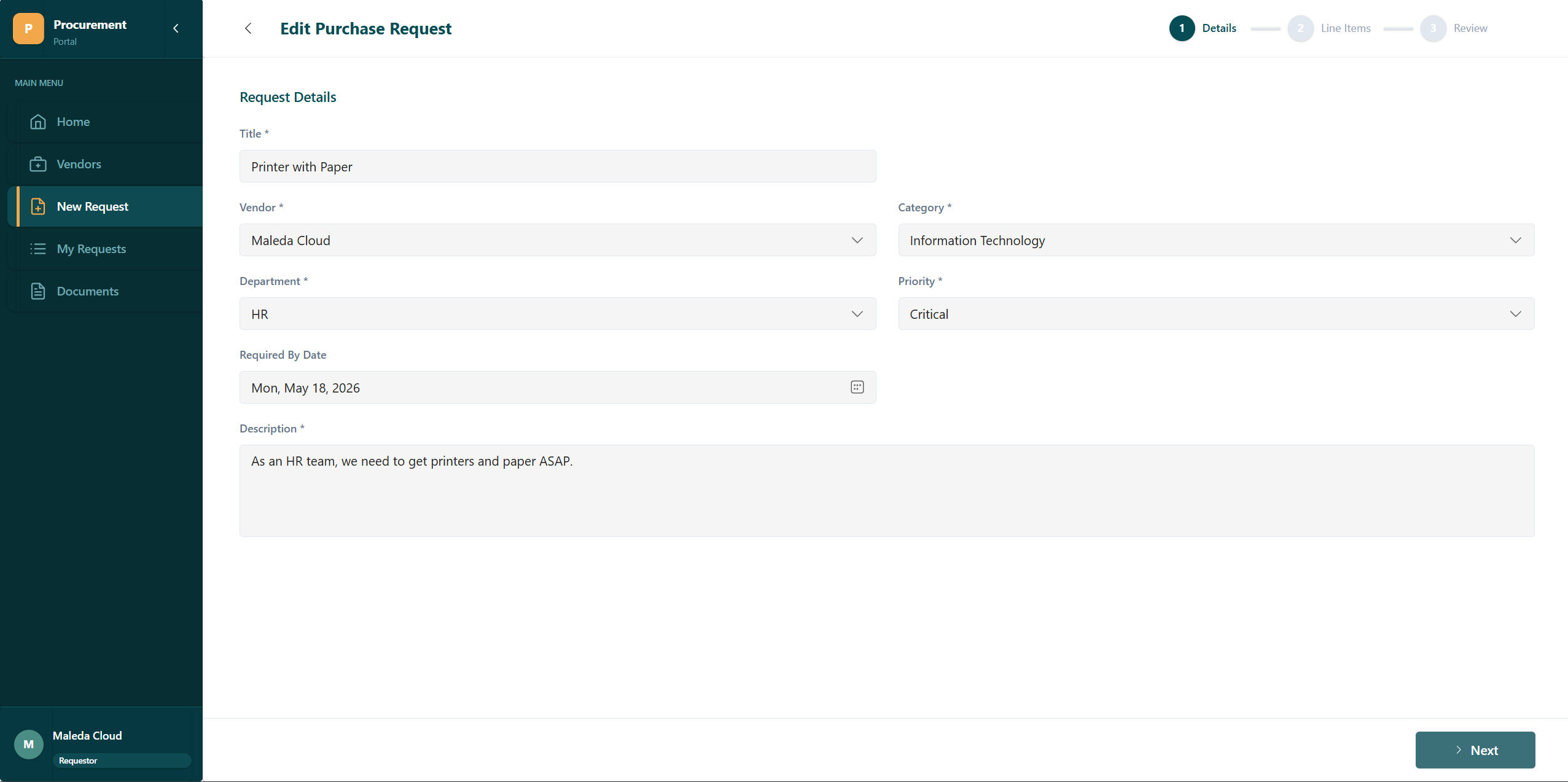 New purchase request wizard, step 1 — request details form