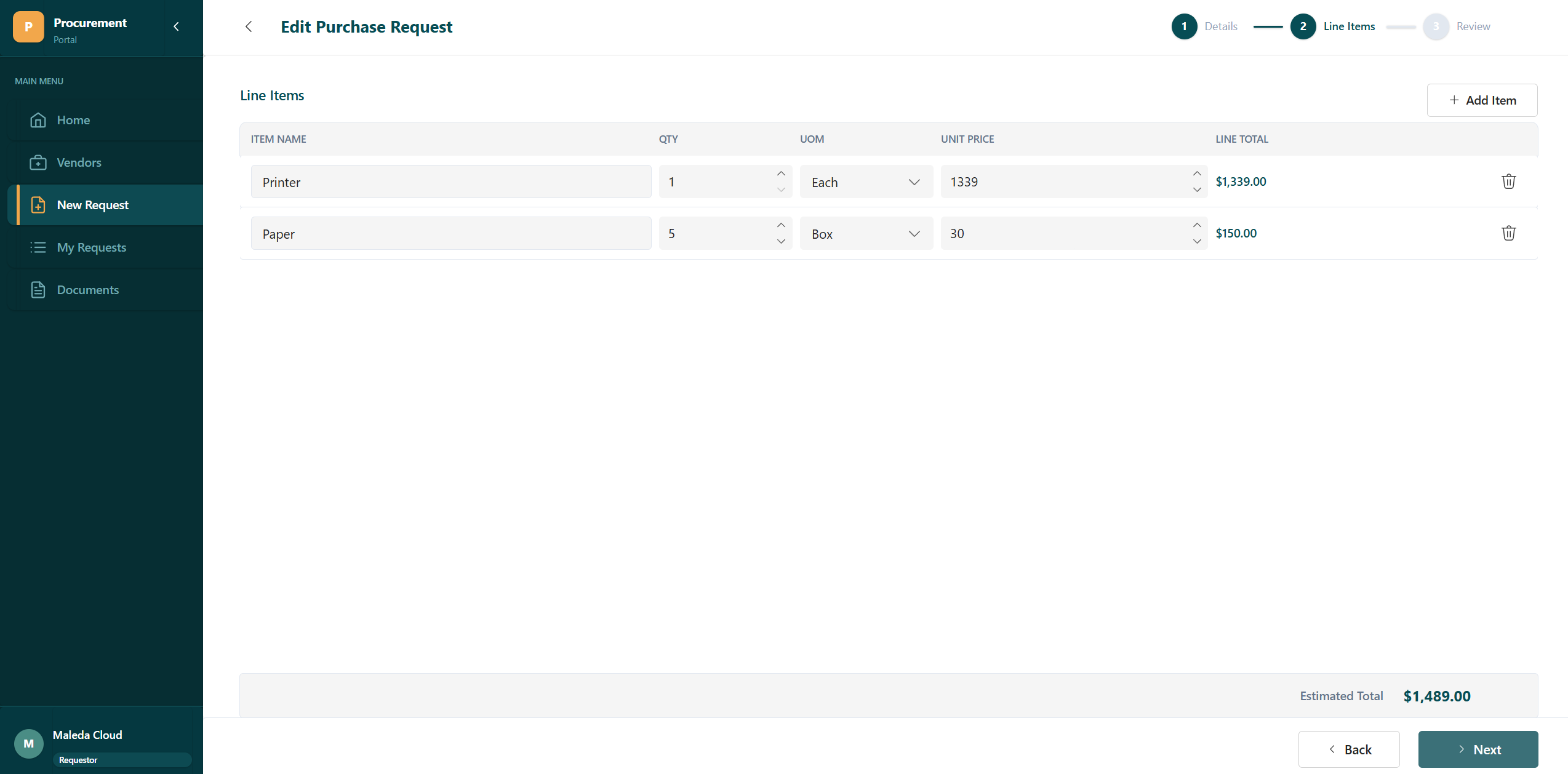 New purchase request wizard, step 2 — line items with quantity, unit price, and totals