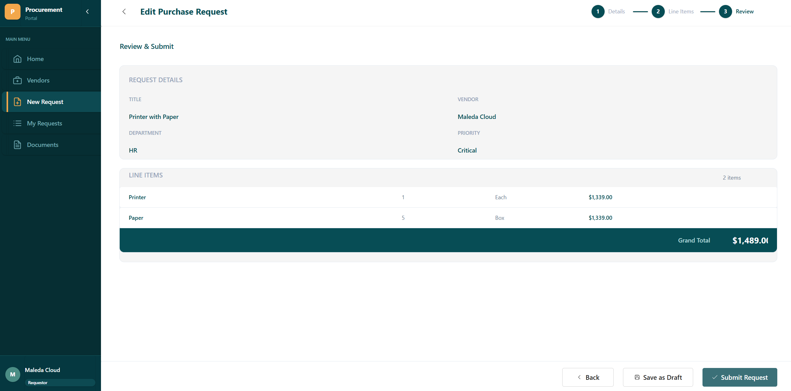 New purchase request wizard, step 3 — review and submit