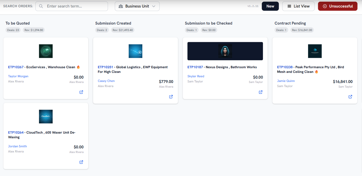 Order management Kanban board with To-be-Quoted, Submission Created, Submission to be Checked, and Contract Pending columns