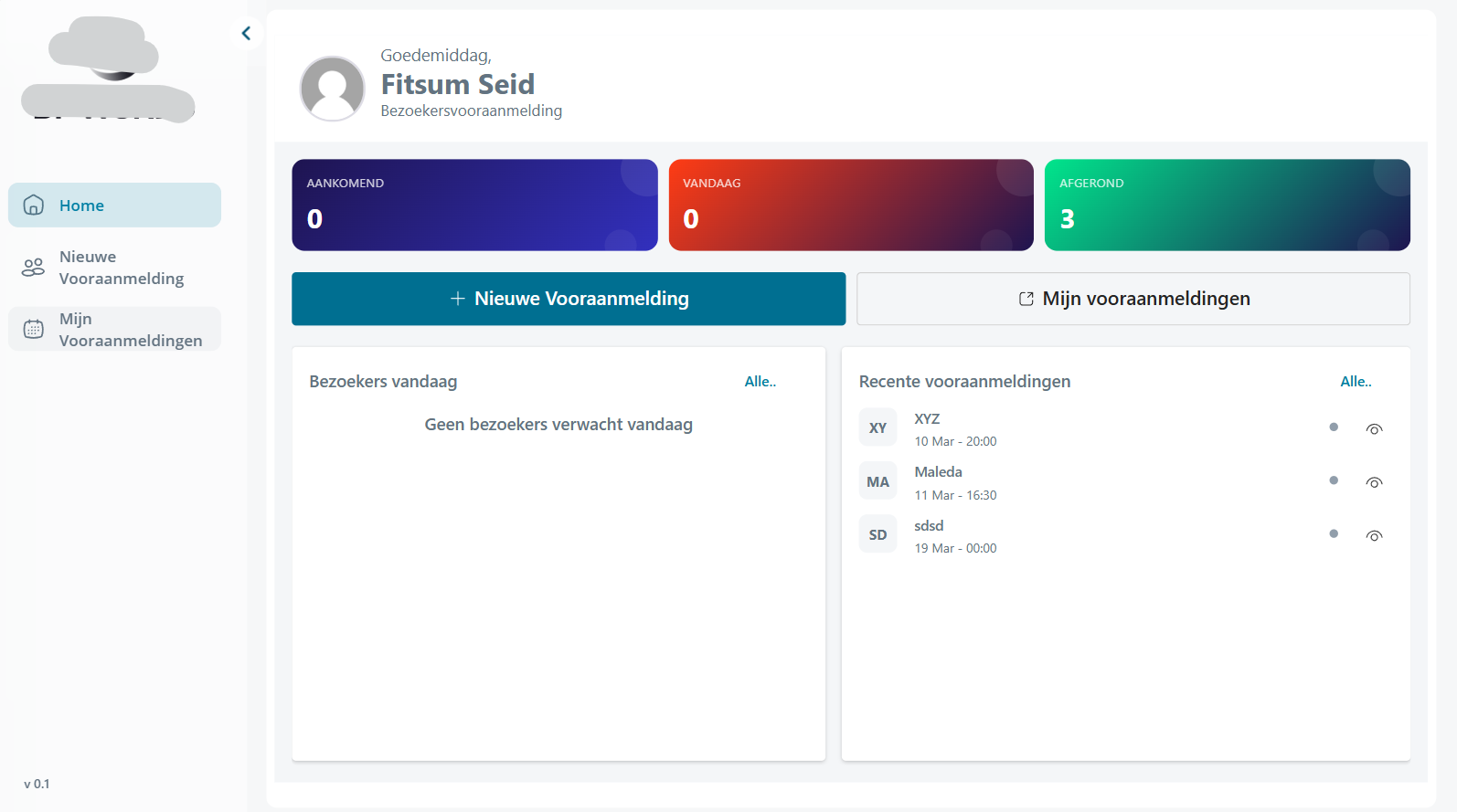 Visitor Pre-registration System home — KPI tiles for arriving, today, and completed visitors