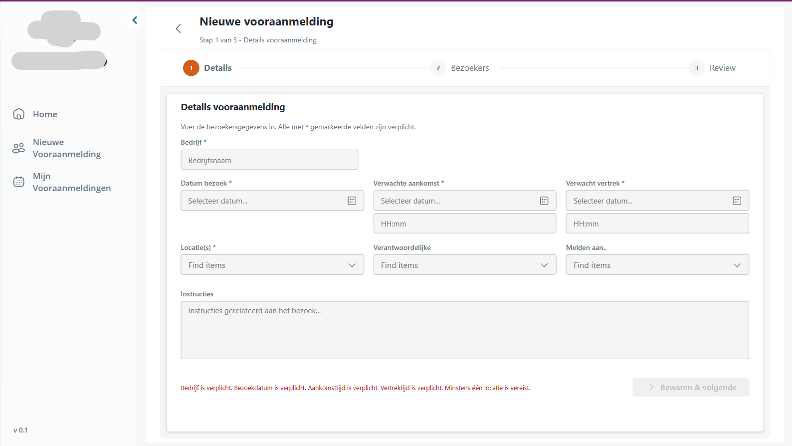 New visitor pre-registration form